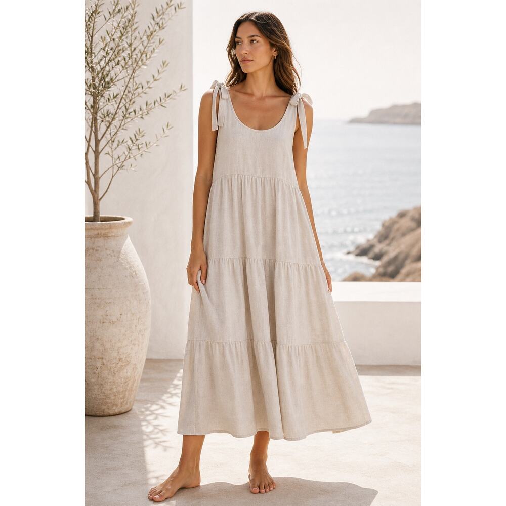 Rachel Pally Adelaide Linen Blend Tiered Maxi Dress XS Natural Bohemian